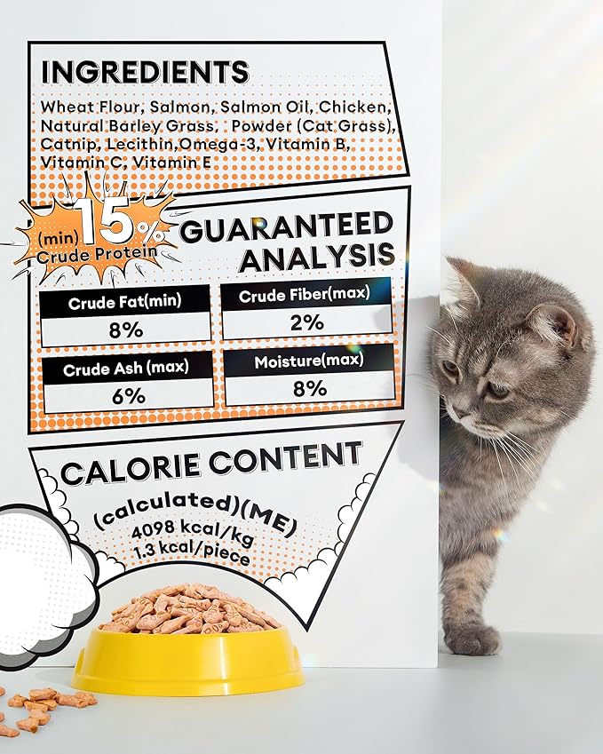 17.63oz Crunchy Cat Grass Treats for Hairball Control – Natural Salmon & Cat Grass & Catnip Biscuits, Low-Calorie Healthy Snacks for Indoor Cats, Digestive & Dental Care