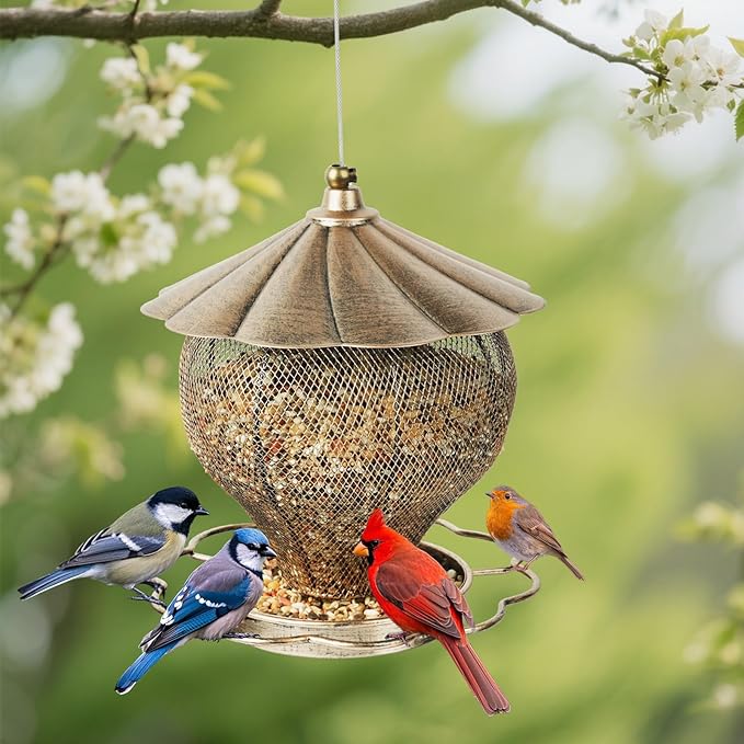 MYITYARD Bird Feeders for Outdoors, Large Capacity Metal Hanging Bird Feeder, Easy Fill Wild Bird Feeders for Garden Yard Decorative, Attracting Wild Birds, Vintage Bronze