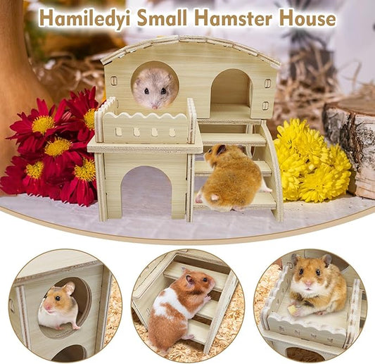 Hamiledyi Wooden Hamster Hideout Maze Small Animal Activity Toy Hamster House and Habitat Wooden Hut with Ladder for Dwarf Hamsters Small Gerbils Tiny Mice and Other Similar Sized Animals