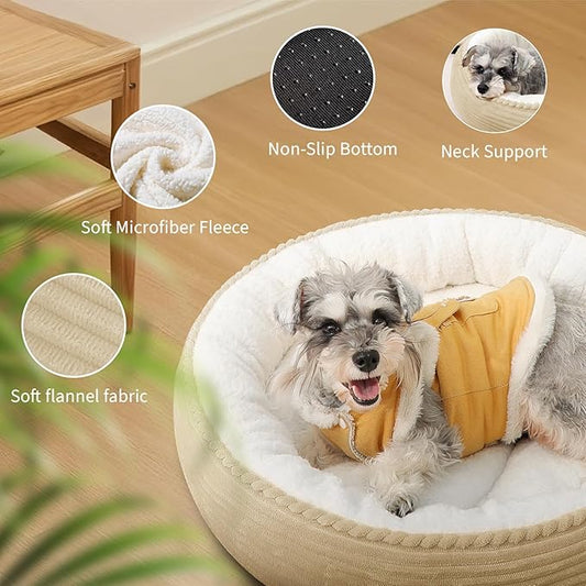 Cat Bed, 23In Dog Beds for Small Dogs, Calming Cat & Dog Beds for Indoor Pets, Pet Beds Comfortable Donut Round Ultra Soft (Camel, 23" L x 23" W x 6.5" Th)