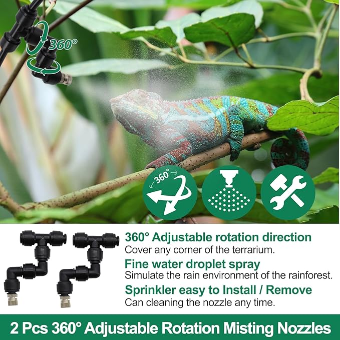 Reptile Humidifiers Smart Misting System for Herps Terrariums, Reptile Mister Automatic with Timer, 360° Adjustable Misting Nozzles for Chameleons, Snake, Frog, Turtle, Lizard