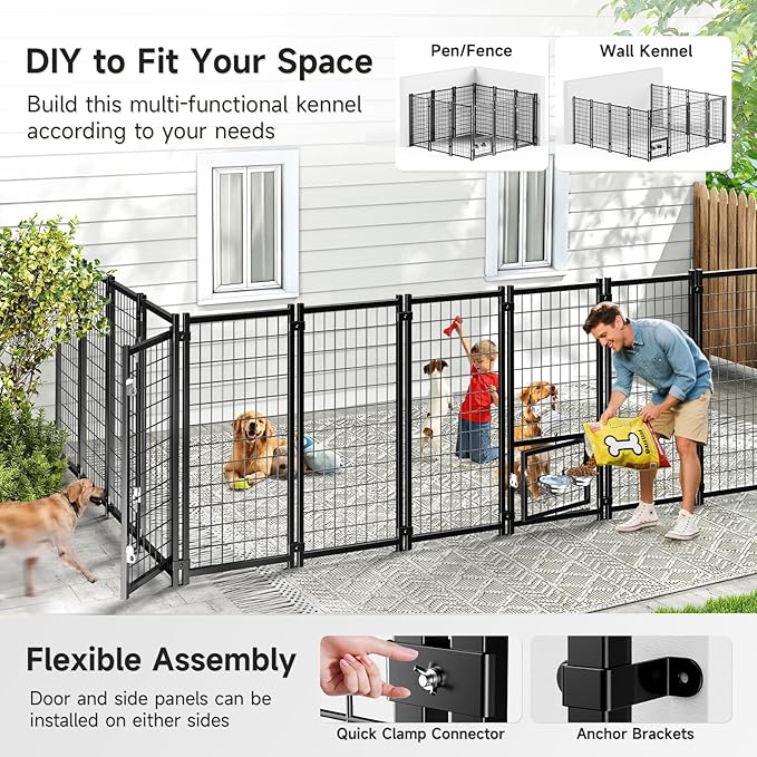 Outdoor Dog Kennel with Roof, Weatherproof Large Dog Kennel Outside with Swivel Feeders & Removable Doggy Door, Heavy Duty Dog Run Pet Enclosures for Medium to Large Dogs (8'L x 4'W x 6'H)