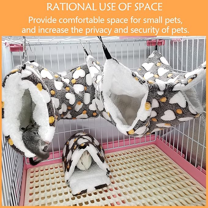 LEFTSTARER Cashmere Pet Bed Mat and Toy, Heart-Brown Ferret Guinea Pig Hammock Toy Small Animal Cage Accessories, 19.7x5.9in Hanging Tunnel & 13.39x13.39in Bunkbed Hammock