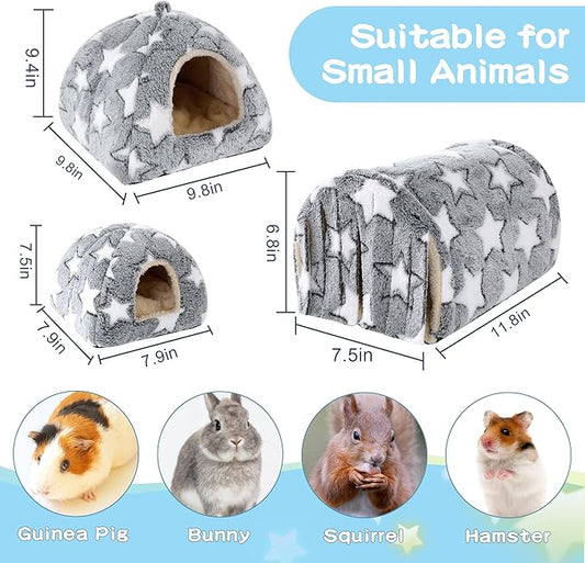 MABOZOO 3 Pack Guinea Pig House Accessories, Washable 2 Guinea Pig House and Hideout Tunnel with Curtains, Chinchilla Hideout for Hamster, Rabbit, Bunny, Chinchillas (Gray-Star)