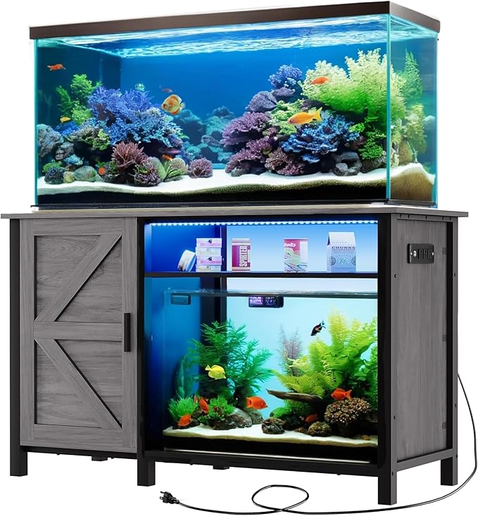 DWVO Aquarium Stand for 55-75 Gallon Fish Tank with Additional 20 Gallon Space and LED Lights, Fish Tank Stand with Adjustable Dividers and Power Outlets, Suitable for Turtle Tank Terrarium, Grey