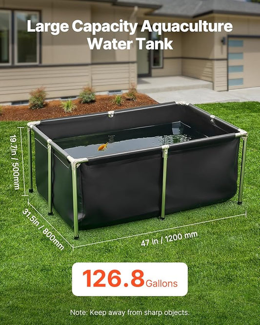 VEVOR Canvas Fish Pond, 127 Gal Above Ground Fish Pond, Foldable PVC Koi Tank, Rectangular Goldfish Tank with Stable Frame and Drain Valve, for Aquaculture, Koi Breeding, and Irrigation (Black)