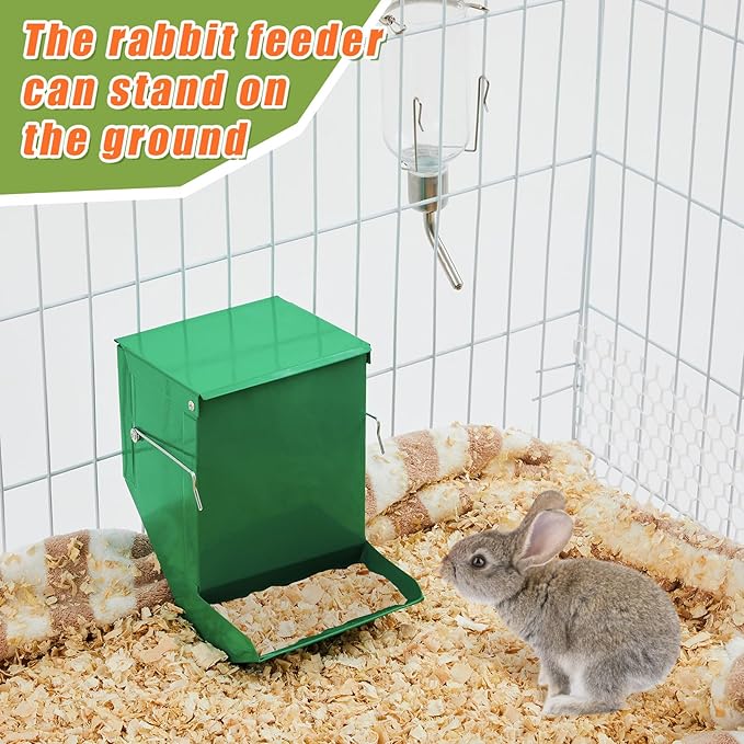 Maxcheck 2 Pack Rabbit Feeder and 12 oz Water Bottle for Cages Pet Food Water Dispenser with Lid Metal Feeders Outside for Guinea Pig Hamsters Chinchillas Gerbils and Other Small Animals(2 Lbs)