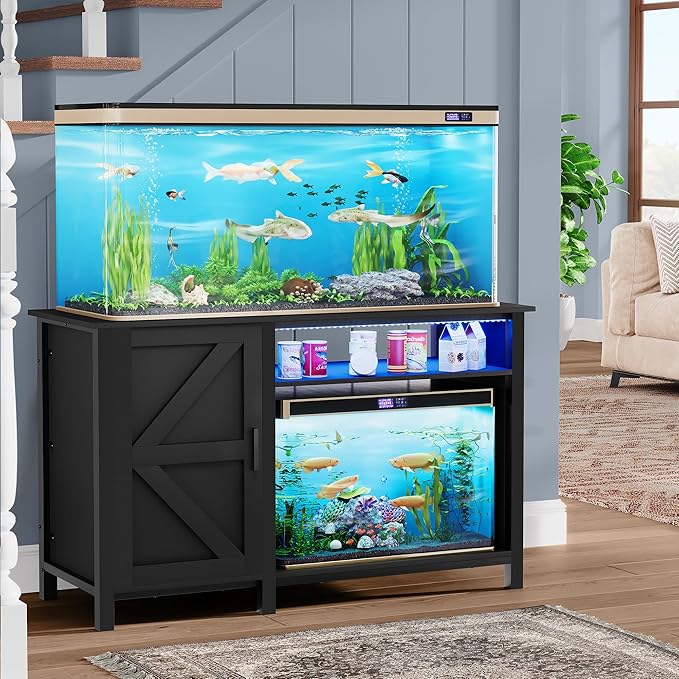 DWVO Aquarium Stand for 55-75 Gallon Fish Tank with Additional 20 Gallon Space and LED Lights, Fish Tank Stand with Adjustable Dividers and Power Outlets, Suitable for Turtle Tank Terrarium, Black
