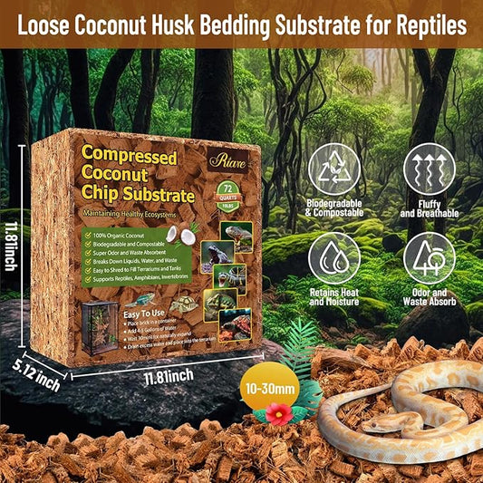 Riare 10LB Coconut Chip Substrate for Reptiles, 72 Quart Coconut Fiber Substrate Coco Chips Substrate Coconut Husk Bedding for Snakes, Tortoises, Ball Python, Bearded Dragon, Geckos, Lizards, Frogs
