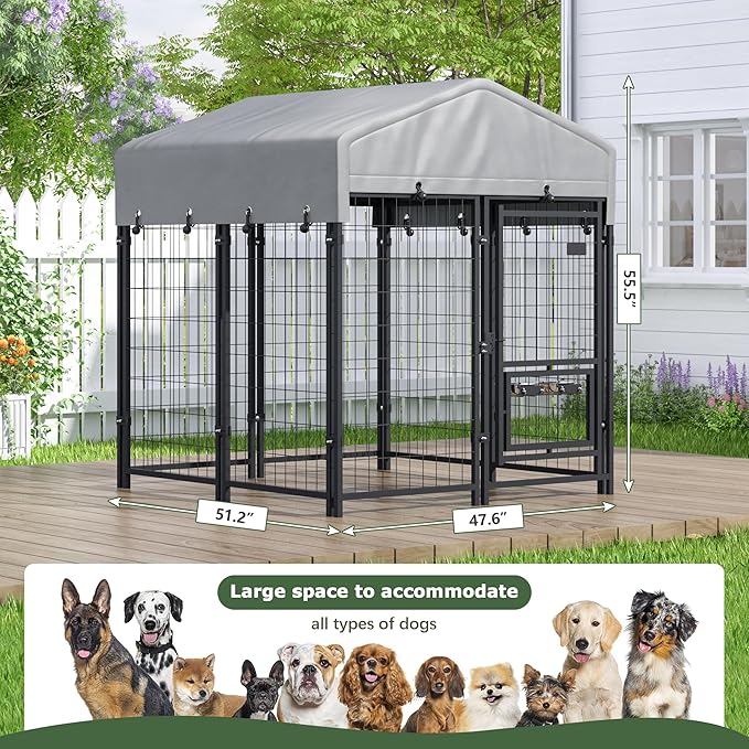Outdoor Dog Kennel with Roof, Dog Kennel Outside with 2 Dog Bowls, Large Dog House Pen Dogs Run Enclosure with Secure Lock and Wateproof Sunproof Cover (4'L x 4'W x 4.6'H) Black