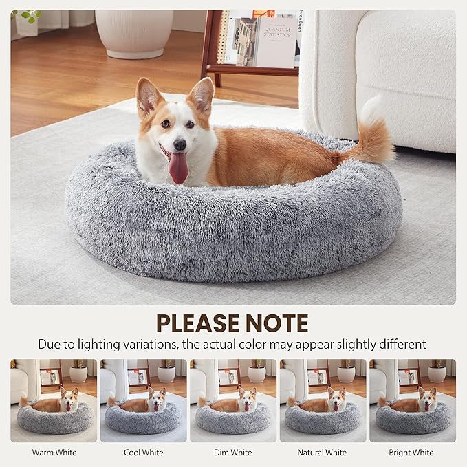 Calming Dog Bed - Donut Washable Medium Size Round Pet Bed for Dogs and Cats, 30 inches Anti-Slip Fluffy Faux Fur Plush Cat Bed, Anti-Anxiety Cushion with Anti-Slip Bottom
