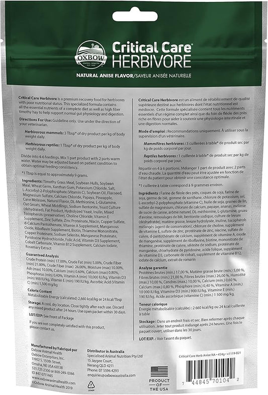 Oxbow Critical Care Herbivore, Emergency Guinea Pig Food, Rabbit Food for Recovery, Natural Anise Flavor, Veterinary Formula, Critical Care for Guinea Pig Emergency Kit, 454 gram bag
