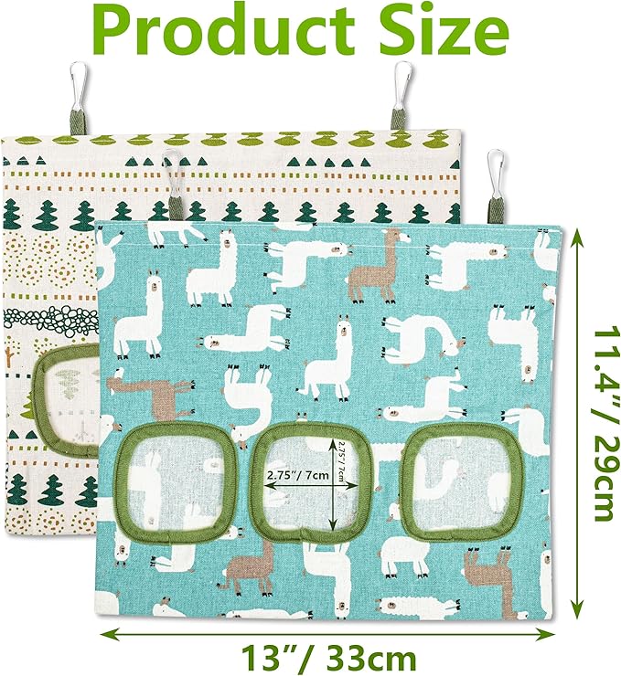 Lesnala 2pcs Bunny hay Feeder Hanging Guinea Pig Food Bag Large Capacity Cotton Canvas Fabric for Rabbits Chinchillas Hamsters and Other Small Pets 3 Holes 2 Styles