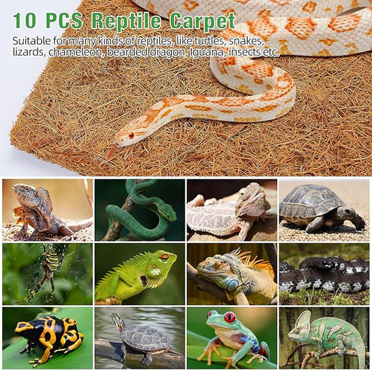 ZeeDix 10 Pcs Reptile Carpet, 12X12 inch Natural Coconut Fiber Liner Mat Flooring Accessories for Reptile Tank - Bearded Dragon Tortoise Lizard Turtle Snake Leopard Gecko Substrate Bedding