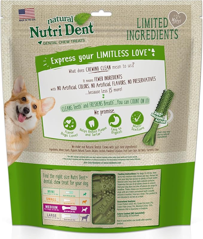 Nylabone Nutri Dent Dog Dental Treats - Natural Dog Teeth Cleaning & Breath Freshener - Dental Treats for Dogs - Fresh Breath Flavor, Medium (40 Count)