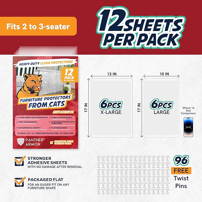 12 Pack Cat Scratch Furniture Protector Sheets – Clear Couch & Sofa Guard from Cat Claws – Easy Apply, Removable, with Twist Pins (6 XL + 6 Large)