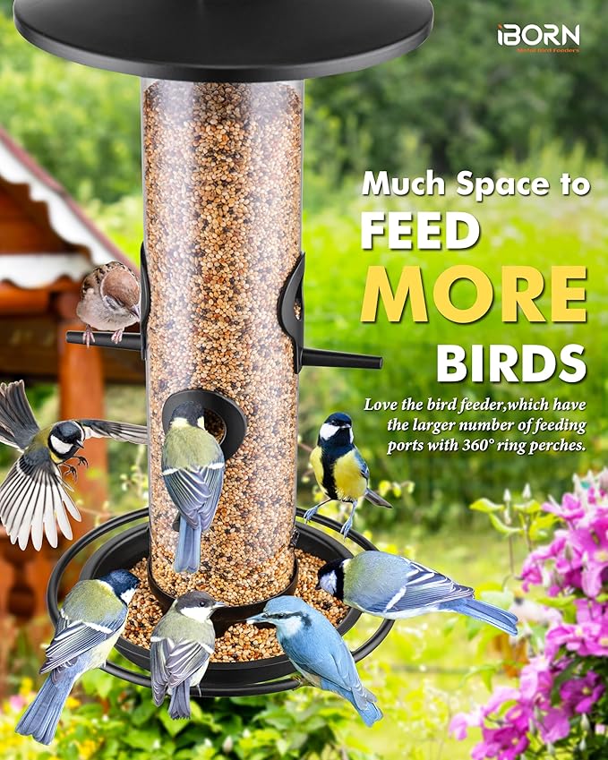 iBorn Metal Bird Feeders for Outdoors, 2LB Bird Seed Feeder 17cm Large Roof &Tray, 4 Feeding Ports, Black Finish