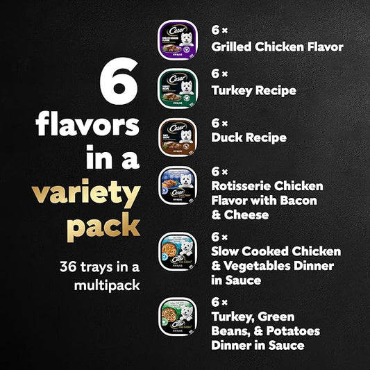 Cesar Wet Dog Food Poultry Lovers Variety Pack with Real Chicken, Turkey and Duck, 3.5 oz. Easy Peel Trays (36 Count, Pack of 1)