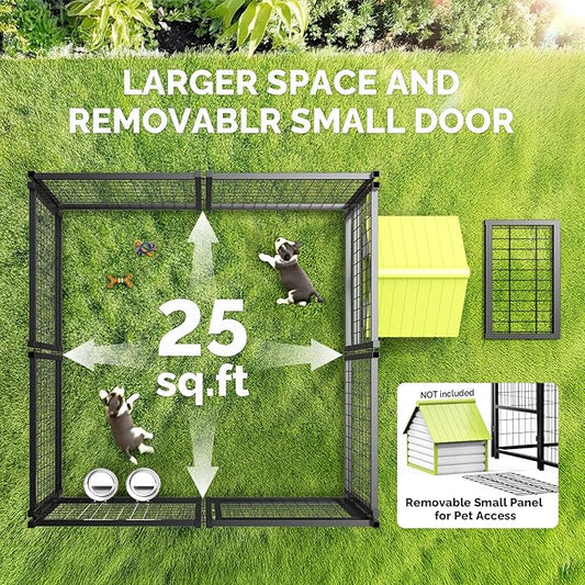 Sino Luban Outdoor Dog Kennel Outside Run with Doggy Door, Swivel Feeder&Roof - 5x5x5FT Large Dog Kennels Pens Outside for Medium/Large Dogs - Heavy Duty Cage Yard (Can Connect to Your Dog House)