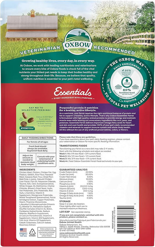 Oxbow Animal Health Oxbow Essentials Ferret Food, Vitamin & Mineral Rich Formula for Ferret, High Protein Food & High Fat, Small Animal Pet Products, Made in USA, 4 lb Bag