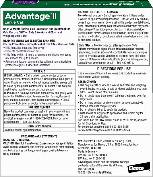 Advantage II Large Cat Vet-Recommended Flea Treatment & Prevention | Cats Over 9 lbs. | 4-Month Supply