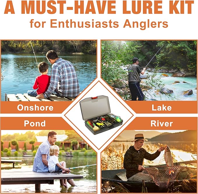 TRUSCEND Widely Used Fishing Tackle & Accessories Kit, Fishing Tackle Box with Tackle Included, Fishing Sinker Weight Hook Swivels Snap Leader Lures, Giftable Beginner Fishing Lures/Gear Set