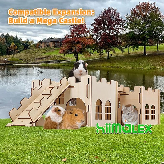HIIMALEX Sturdy Guinea Pig Hideout with Ramp and Plush Bedding Wooden Castle for Guinea Pig Chinchilla Hedgehog Gerbil Hamster Rat House Habitat for Playing and Hiding