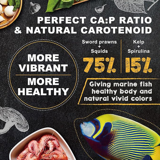 Ultra Fresh Marine Fish Food, 75% Sword Prawns + Squids, Natural Protein, Color Enhancement, for Large Saltwater Fish, Marine Shrimp Patties L 5.29oz
