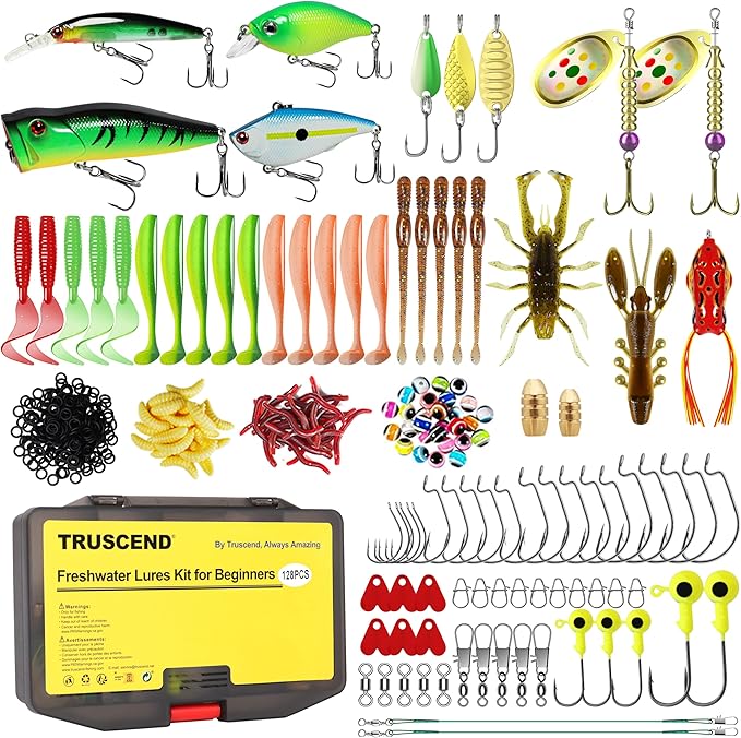 TRUSCEND Widely Used Fishing Tackle & Accessories Kit, Fishing Tackle Box with Tackle Included, Fishing Sinker Weight Hook Swivels Snap Leader Lures, Giftable Beginner Fishing Lures/Gear Set
