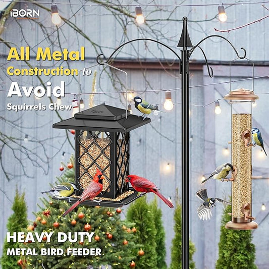 iBorn Bird Feeders for Outdoors, Metal Bird Feeder, Wild Bird Feeders for Cardinal, 2.4LBS Capacity,18cm Large Roof, Lantern Style, Black