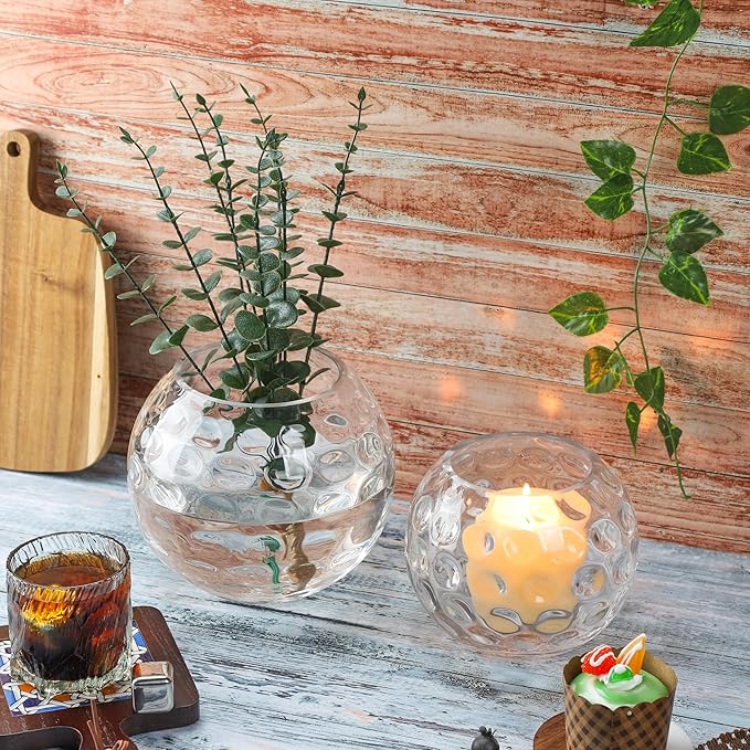 7.5" Dia Handmade Sturdy Dimpled Bubble Glass Vases, Bubble Planter Terrarium, Bud Vase, Fish Bowl Hurricane, Globe Flower Vase, Hurricane Candle Holder (7.5"x6.3", Bowl)