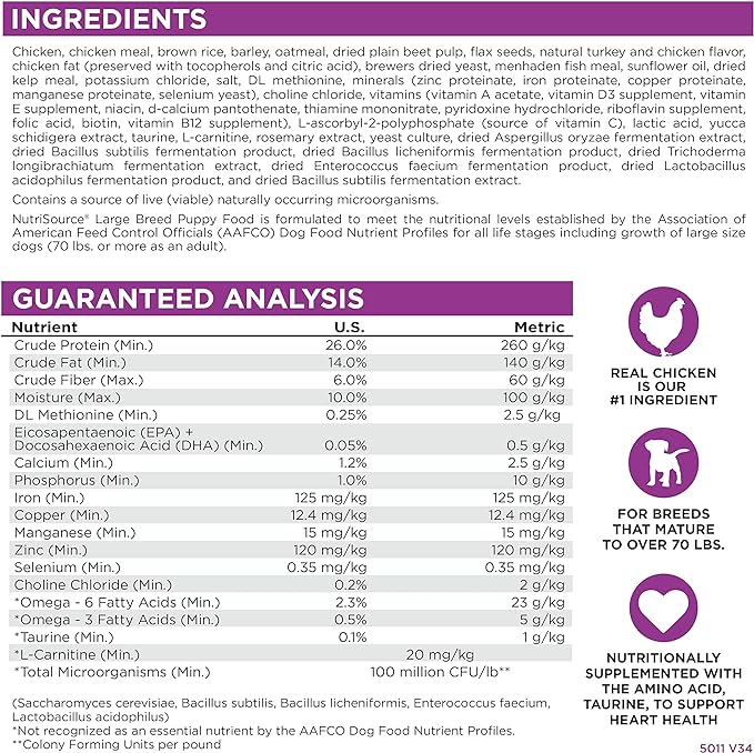NutriSource Puppy Food for Large Breeds, Chicken and Rice, 26LB