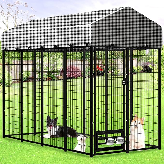 Large Dog Kennel Outside with Roof, Heavy-Duty Indoor Outdoor Dog Run Dog Enclosure with Removable Cover, Dog Pens Outside Playpen with Latch-Lock & Swivel Feeding Door, 4x8x6 Ft