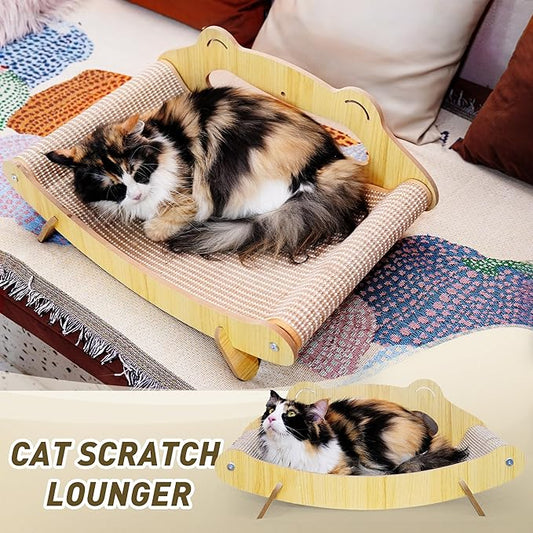 Sisal Cat Scratcher Lounger Bed for Large Indoor Cats – Wooden Cat Scratch Pad, Durable Recliner Chair, Stylish Fluffy Couch, 2-in-1 Scratcher & Lounger with Hammock (Large)