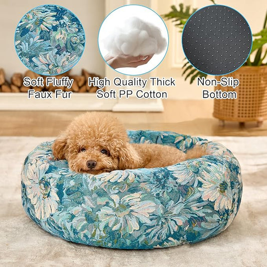 Dog Calming Beds for Small Medium Large Dogs - Round Donut Washable Puppy Dog Bed, Anti-Slip Faux Fur Fluffy Donut Cuddle Anxiety Cat Pet Bed (20" Flower)