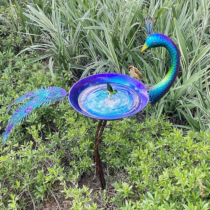 12.8" W*38.2" H Peacock Bird Baths for Outdoor, Metal Bird Feeder Seed Trayr,Bird Bath Drinker Plate, Garden Lawn Yard Decor(Multicolor)