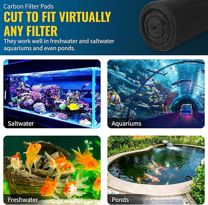 Aquarium Carbon Pad - Cut to Fit Carbon Infused Filter Pad Media for Clean & Clear Fish Tank and Ponds (Carbon filter, 10.5" x 36")