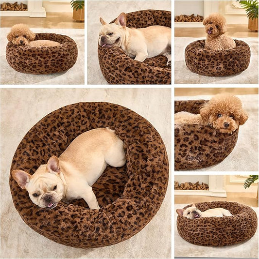 Dog Calming Beds for Small Medium Large Dogs - Round Donut Washable Puppy Dog Bed, Anti-Slip Faux Fur Fluffy Donut Cuddle Anxiety Cat Pet Bed (28" Leopard Print)
