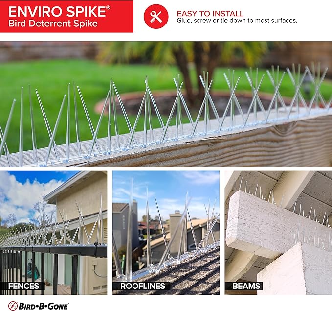 Bird B Gone - EnviroSpike Plastic Anti Bird Spikes (24' Kit) - Humane Deterrent - Stops Pigeons & Birds from Roosting - UV-Stabilized Polycarbonate - for Rooftops, Ledges, Fences, Etc - Made in USA