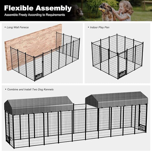 Large Dog Kennel Outside with Roof, Heavy-Duty Indoor Outdoor Dog Run Dog Enclosure with Removable Cover, Dog Pens Outside Playpen with Latch-Lock & Swivel Feeding Door, 4x8x6 Ft