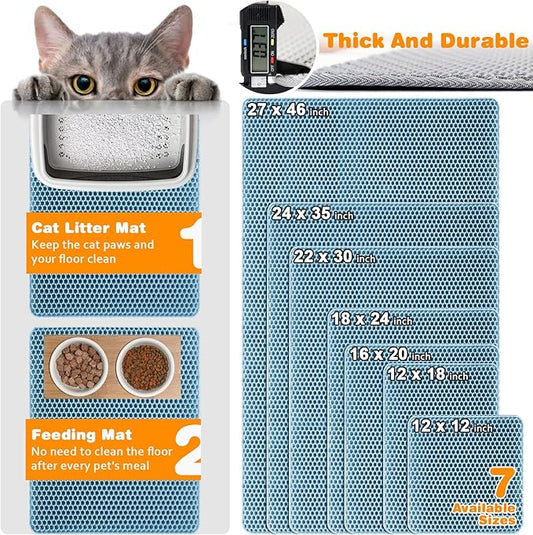 Waterproof Cat Litter Mat, Double Layer EVA, Odor-Free Large Grid, Urine Proof, Easy Cleanup (Blue, 16 x 20)