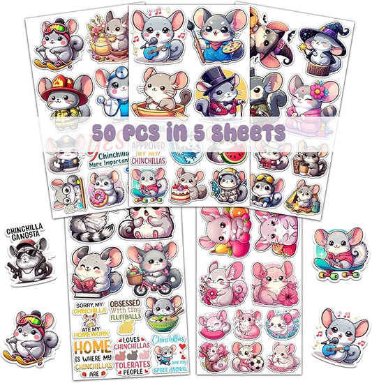 Pack 50 PCS Chinchilla Stickers Print Cool Animal Cartoon Waterproof Vinyl Decals Cute Items for Kids Teens Boys Girls Labels Decor Laptop Phone Case Water Bottles Helmet