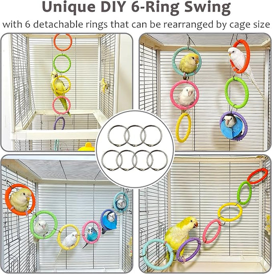 6-Ring Bird Swing Toy for Cage, Colorful Cotton Rope Perch for Parrots Soft Grip, DIY Adjustable Hanging Parakeet Toys, Interactive Multi-Bird Swing and Climb for Budgies, Lovebirds, Cockatiels