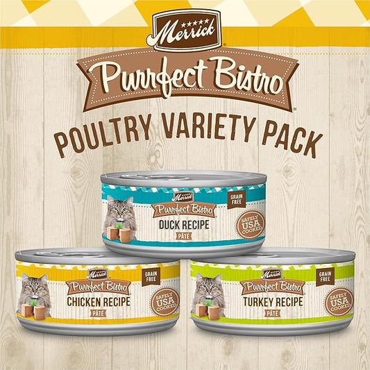 Merrick Purrfect Bistro Grain Free Premium Canned Pate Adult Wet Cat Food, Variety Pack, Chicken, Duck, Turkey - (Pack of 12) 5.5 oz. Cans