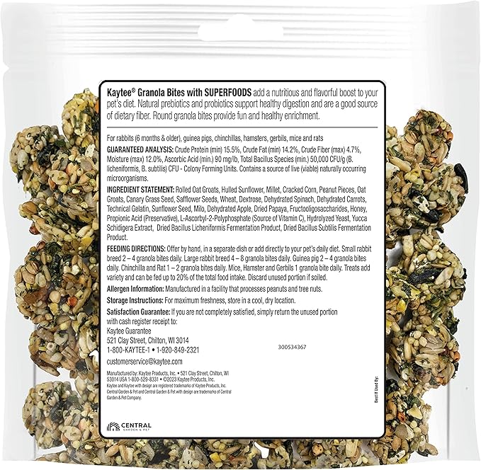 Kaytee Granola Bites with Superfoods Spinach and Carrot for Rats, Mice, Hamsters, Gerbils, Rabbits, Guinea Pigs and Chinchillas, 4.5oz (Pack of 2)