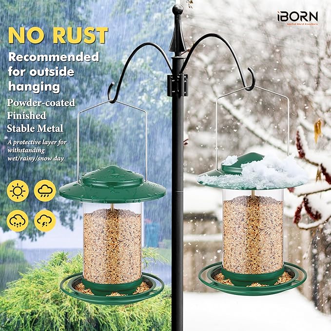 iBorn Metal Bird Feeders for Outdoors Hanging,Wild Bird Feeders for Cardinal,18cm Large Roof&Tray New Green 6 Port (Seed is not Included)