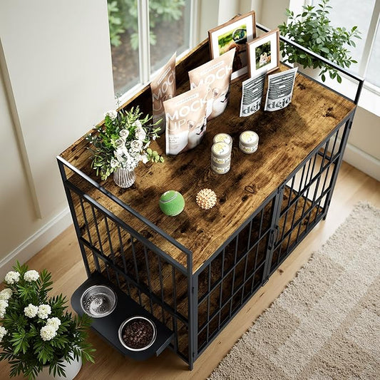 WARCAT Furniture-Style Dog Crate with 360° & Adjustable Raised Feeder for Dogs 2 Stainless Steel Bowls, Indoor Use End Table House, Brown (47" L X 27" W X 43" H)