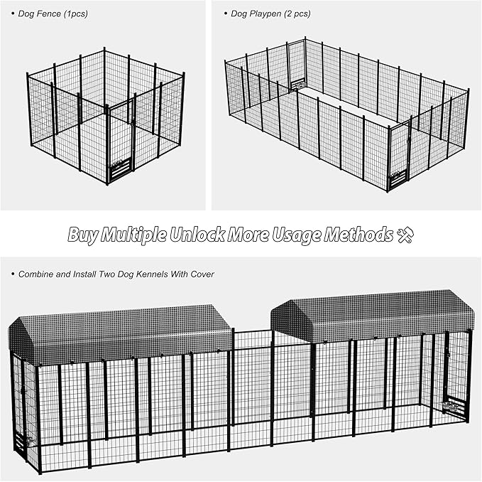 Large Outside Dog Kennel, Outdoor Dog Run Enclosure 8'x4'x6' Dog Pen House with Roof Cover Heavy Duty Welded Wire Steel Dog Playpen Animal Fence with Feeding Door