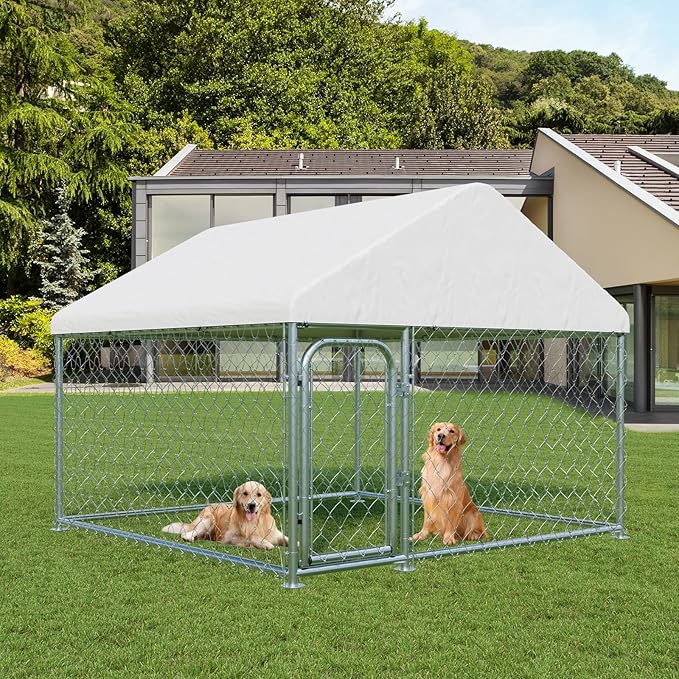 LotFun Large Outdoor Dog Kennel, 10 x 10 FT Heavy Duty Dog Enclosure with Chain Link Fence, UV-Resistant Canopy Cover, Double Lock Security (6 x 6 x 5 in)
