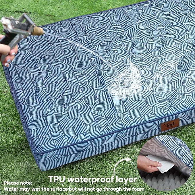 Outdoor Dog Bed for Medium/Small Dogs, Waterproof Dog Bed for Medium Dogs Cats, Orthopedic Egg Crate Foam Pet Bed with Washable Removable Oxford Cover, White Blue